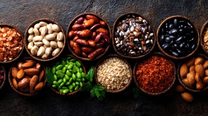 An array of nuts, seeds, and legumes displayed in circular bowls, highlighting the diversity of nature's bounty and the wealth of nutrients they provide.