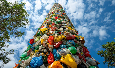 Colorful plastic waste tower against blue sky