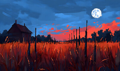 Nocturnal landscape painting with house and full moon
