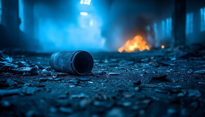 Grunge dark background with cylinder and fire