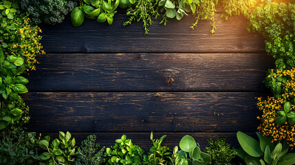 Fresh herbs frame dark wood background culinary cooking food photography