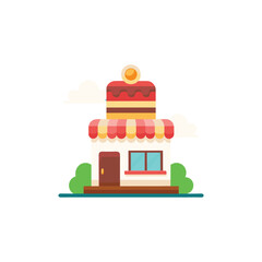 Naklejka premium Cute vector cartoon bakery shop building with sweet cake on top