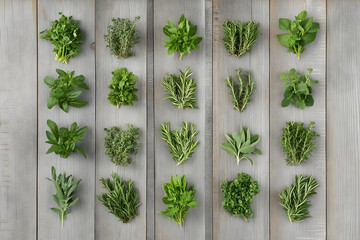 Fresh herb assortment culinary green plants on rustic wood