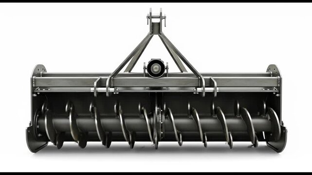 A gray metal agricultural implement with a three-point hitch and multiple helical tines on a white background