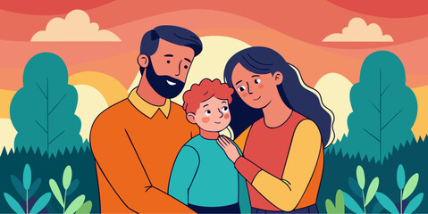 Loving family hugging child in nature during sunset with warm emotional atmosphere