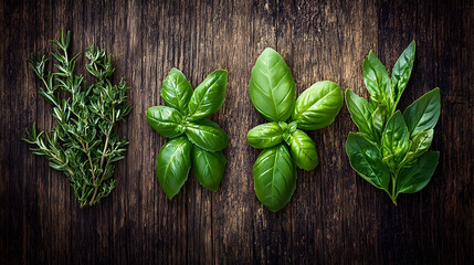 Fresh culinary herbs on rustic wood background