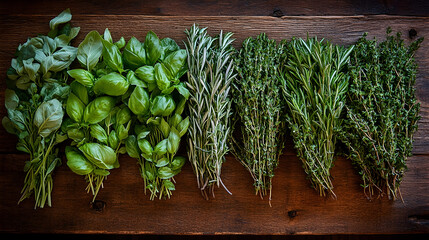 Fresh green herbs culinary food photography rustic wooden background