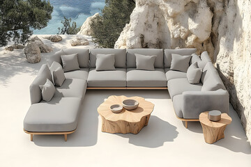Modern outdoor sectional sofa design grey cushions wooden frame