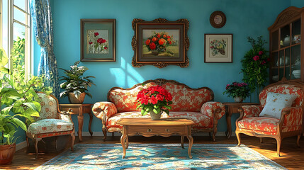 Sunlit vintage living room interior with ornate furniture and floral decor