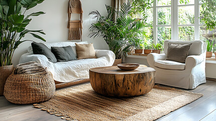 Bright living room interior with wooden coffee table and greenery