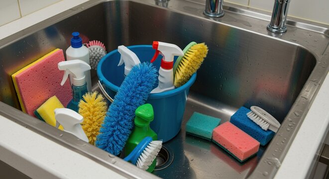 Cleaning supplies arranged inside a stainless steel sink ready for use