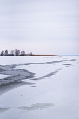 Frozen lake landscape with melting ice and bare trees in winter season