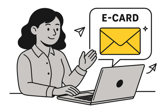 Smiling woman sending e-card on laptop in minimalist style