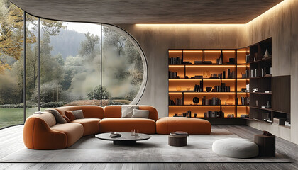 Modern living room interior design with curved sofa and large window