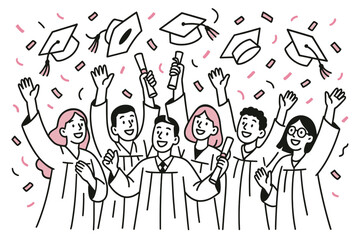 Celebrating graduation: cheerful group of graduates with caps and diplomas