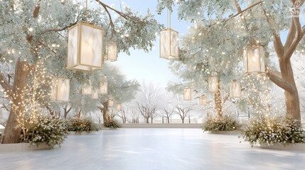 Ice skating rink surrounded by trees with sparkling lights and lanterns, creating a magical winter wonderland scene for holiday celebration.