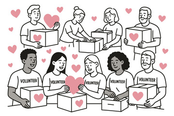Diverse volunteers packing donation boxes with hearts in a linear style