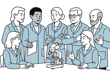 Fototapeta premium Team of scientists engaging in discussion around microscope in laboratory setting