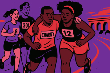 Diverse runners participating in a charity event on a track
