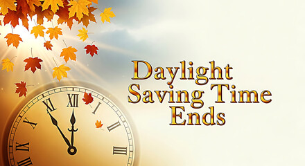 Antique clock face with falling autumn leaves and daylight saving time text ends