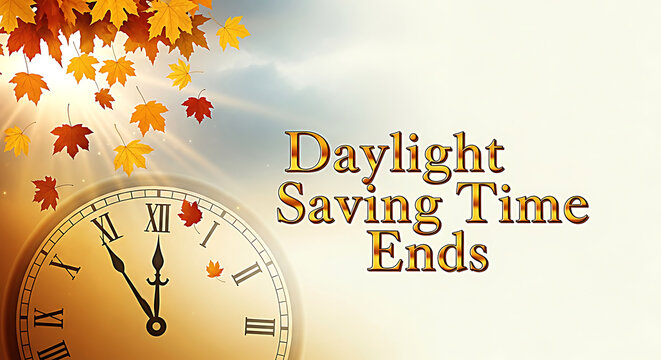 Antique clock face with falling autumn leaves and daylight saving time text ends - Powered by Adobe