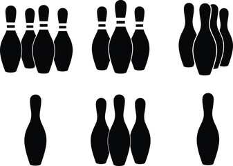 Bowling pin silhouettes, sport icons, strike formation, leisure game, black and white design, recreation activity, vector illustration, bowling graphic, competition emblem, bowling alley