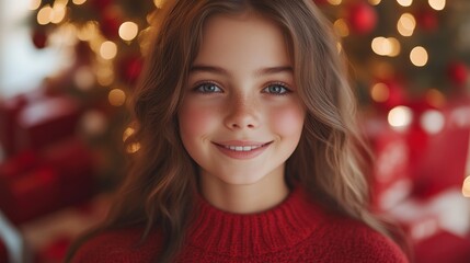 Happy girl in red sweater posing by Christmas tree
