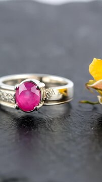 Elegant Pink Ruby Ring On Dark Stone Background With Yellow Flower