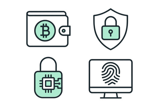 Cryptocurrency and digital security icons: wallet, padlock, fingerprint, and chip designs - Powered by Adobe