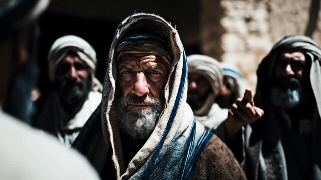 Old man pharisee looking sternly while a man points, biblical times eastern people for religious concept footage.