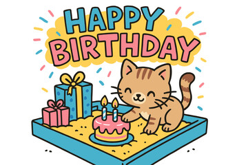 Fototapeta premium Cute birthday cat with cake and gifts in playful doodle style