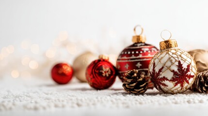 Traditional red and gold Christmas baubles with pinecones on snow