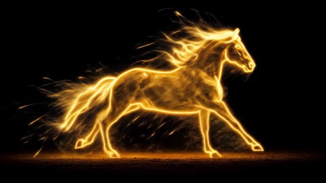 Outline of a fiery horse galloping against a black background consisting of burning yellow flames and sparks