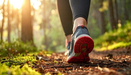 A runner's feet are shown in close-up, the focus on shoes on a dirt path through a sunlit forest. Light streams through the trees creating a sense of movement