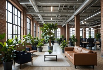 Fototapeta premium modern lounge area in spacious loft style office with brick walls and large windows