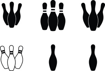 Bowling pin silhouettes, sport icons, strike symbol, leisure game, black and white design, recreation activity, vector illustration, bowling graphic, competition emblem, bowling alley