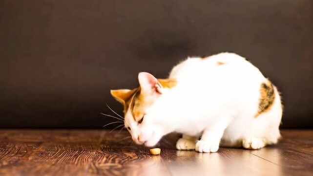 A focused calico cat with white, ginger, and black patches sniffs intently on a rustic wooden floor
