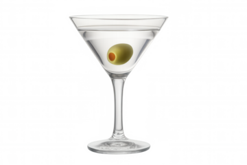 Martini cocktail in a clear glass with a green olive, symbolizing sophistication and refreshment. Transparent background