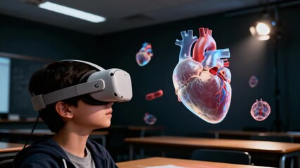 Virtual reality in medical education: neutral VR headset with no logo, 3D heart simulation - Powered by Adobe