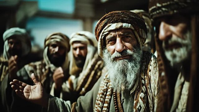 An old man with a long beard and turban among a crowd of men from biblical times, acting and gesturing, historic reenactment footage.