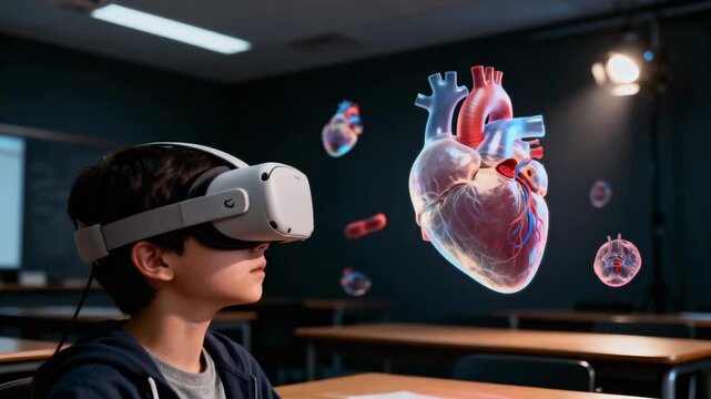 Virtual reality in medical education: neutral VR headset with no logo, 3D heart simulation