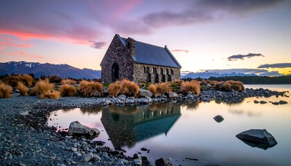 A stone chapel sits by a tranquil lake reflecting the fiery hues of a sunset sky, with distant mountains adding to the scene
