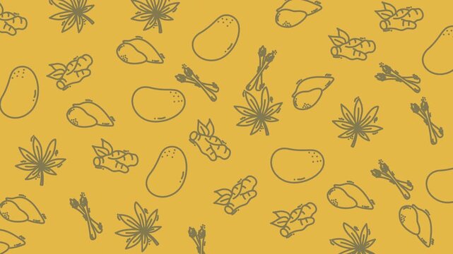 Animated seamless pattern with hand-drawn icons of mangoes, leaves, and herbs on a yellow background, symbolizing tropical freshness and organic nature.