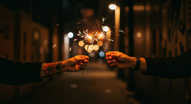 Two friends celebrating with sparklers in a festive evening atmosphere