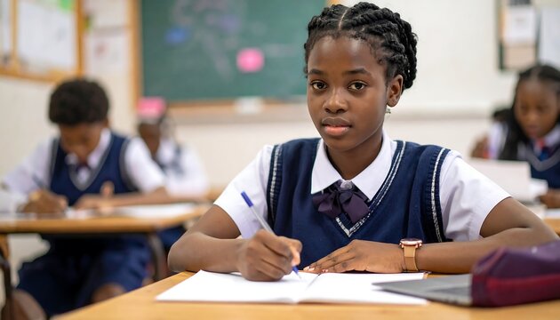 A student with braids looks directly at the viewer. She is in a school classroom with other students, focused on writing in a notebook. The background shows blurred details of the classroom