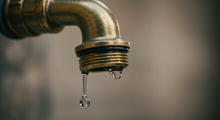 Close up of a brass faucet with water droplets focused on details