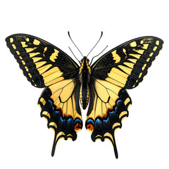 A vibrantly colored butterfly with outstretched wings, a dark body, and striking patterns