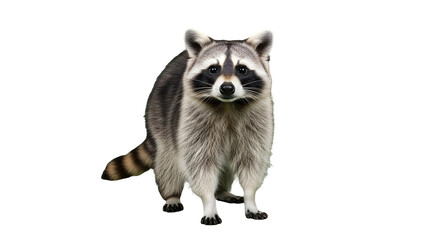 Obraz premium A full body portrait of a raccoon standing against a muted green backdrop looking straight forward.