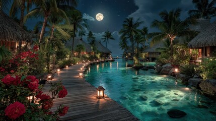 Romantic moonlit resort escape with overwater bungalows and tropical paradise ambiance