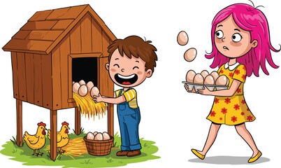 Children collecting eggs, cartoon farm scene, playful animal care moment, chicken coop activity, emotional contrast, rural behavior, outdoor responsibility illustration © Creative Mind